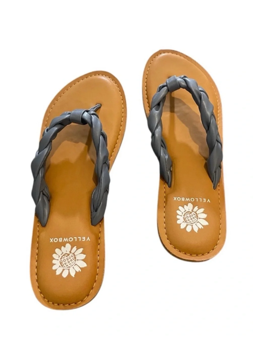 7.5 Yellowbox Dauphine Blue gray Tan Sandals Shoes Braided Leather Women's Thong - Picture 4 of 13